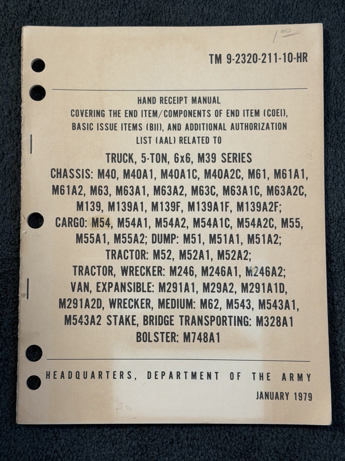 TM 9-2320-211-10-HR Hand Receipt Manual Truck 5-Ton 6x6 M39 Series Militaria