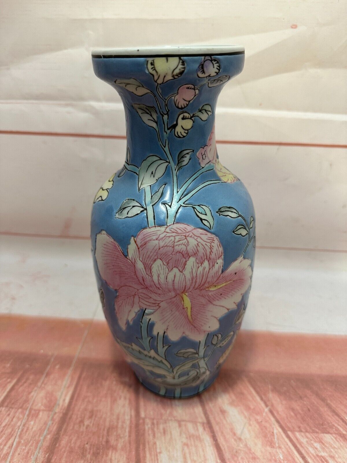 Asian Porcelain Pottery Tall Vase Urn blue pink yellow flowers 10\