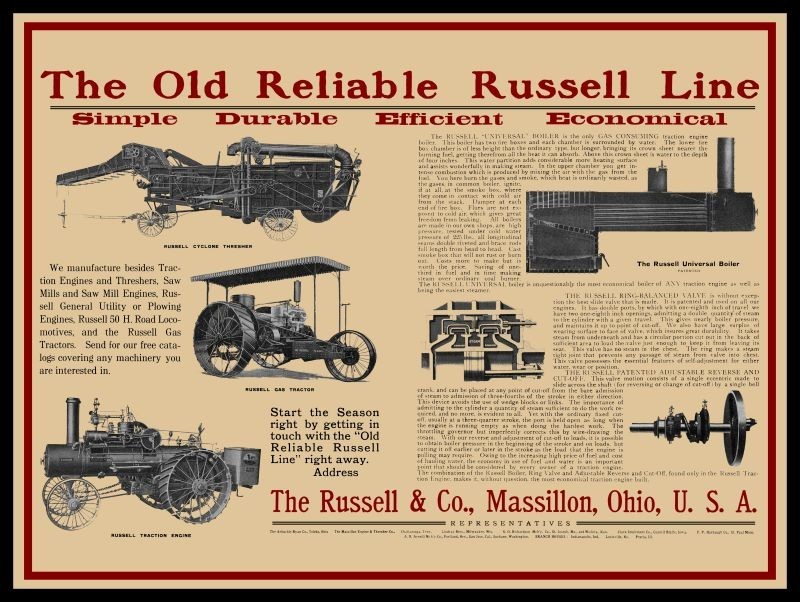 1912 Russell & Co. Steam Traction Engines, Massillon OhiO NEW Metal Sign: 12x16