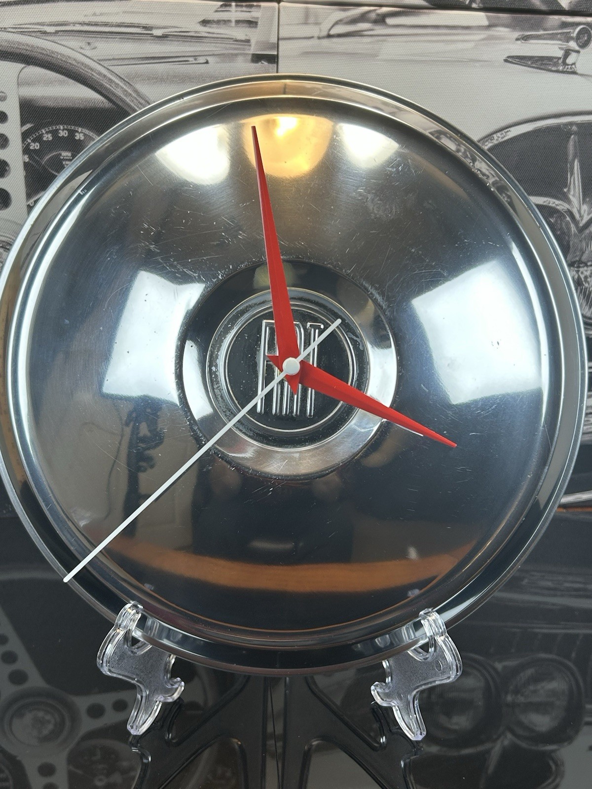 Vintage 1960s Fiat Chrome Hubcap Wall Clock Custom Italian Garage Art Man Cave
