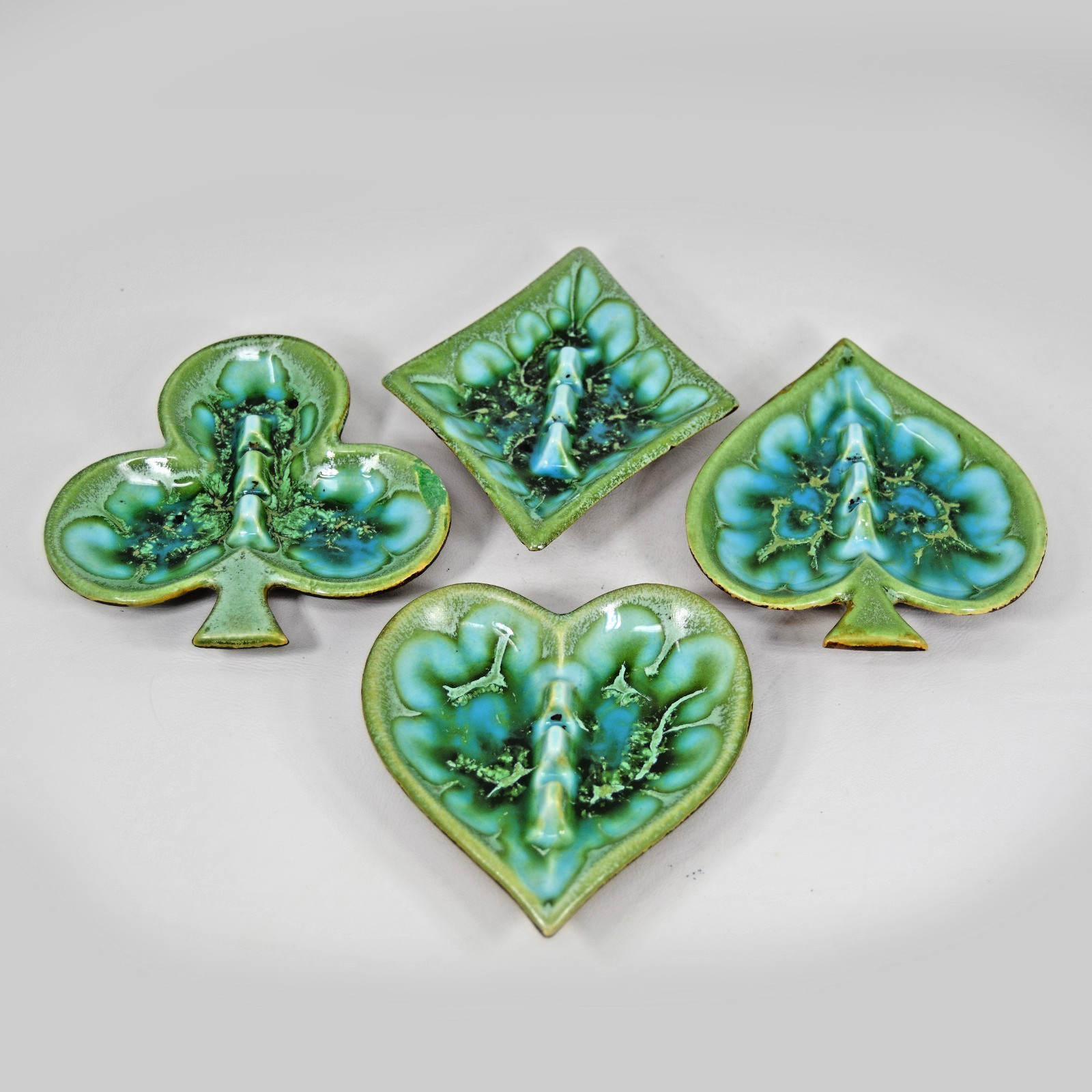 VTG Treasure Craft Ashtray Set Turquoise Drip Glaze Playing Card Suit Poker MCM VTG Treasure Craft Ashtray Set Turquoise Drip Glaze Playing Card Suit Poker MCM