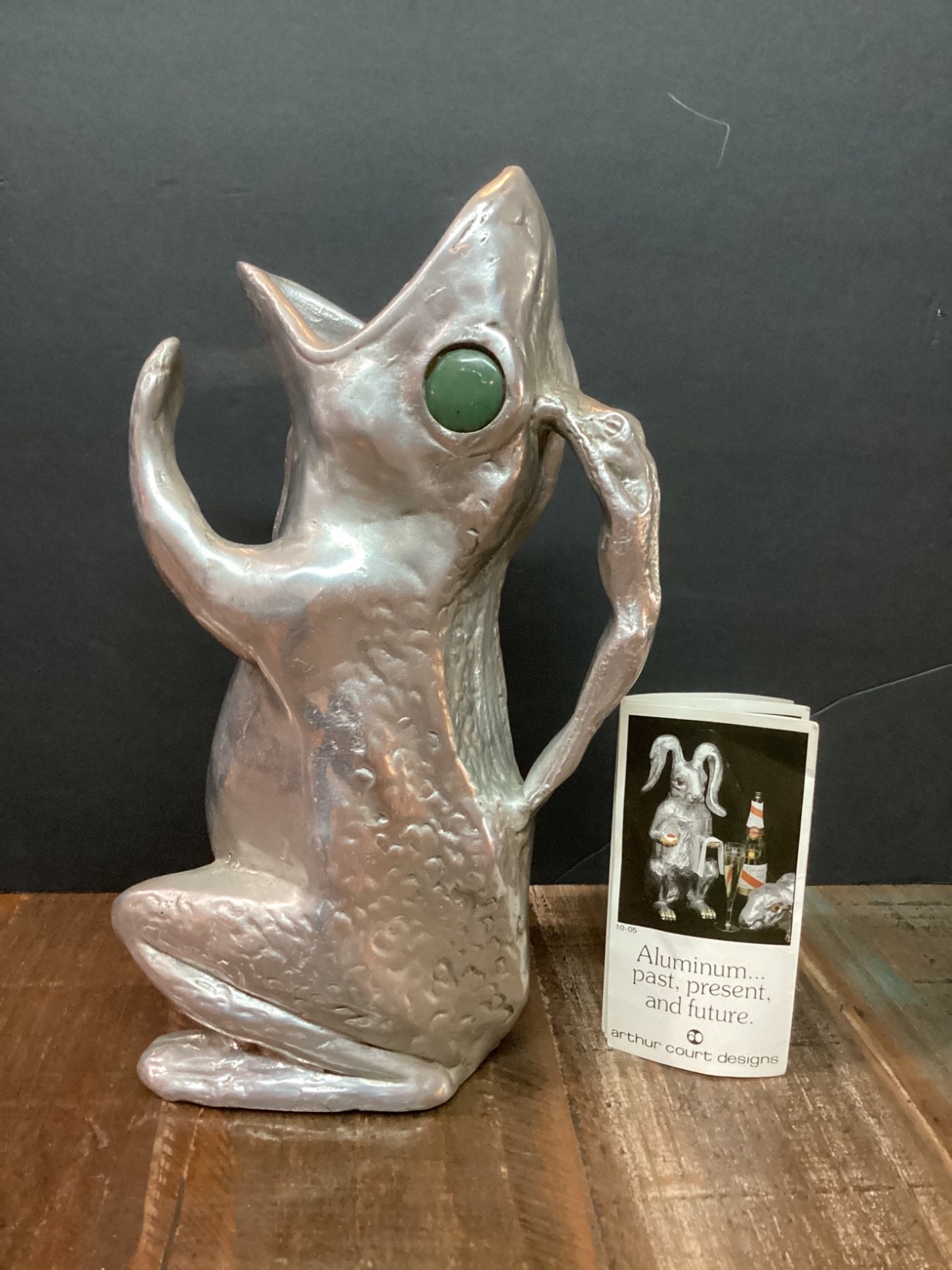 Vintage Arthur Court Cast Aluminum Frog Pitcher w/ green jade Stone Eyes 11.5”