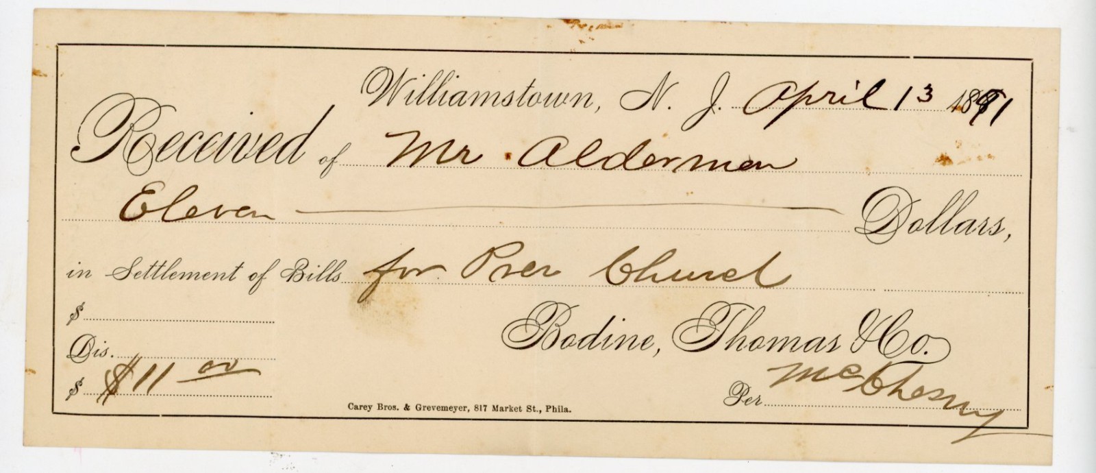 Antique 1891 Receipt Williamstown NJ Bodine Thomas & Settlement of Bills Signed