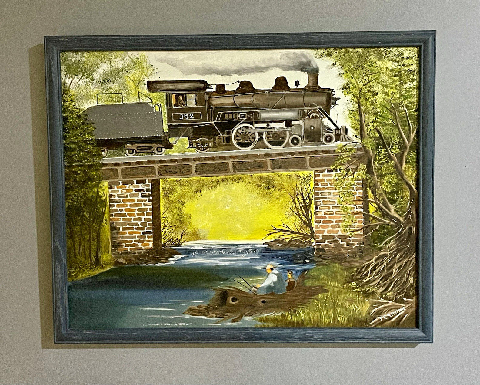 Vintage Train Oil Painting On Canvas Framed 16x20 Locomotive 382 Bridge River