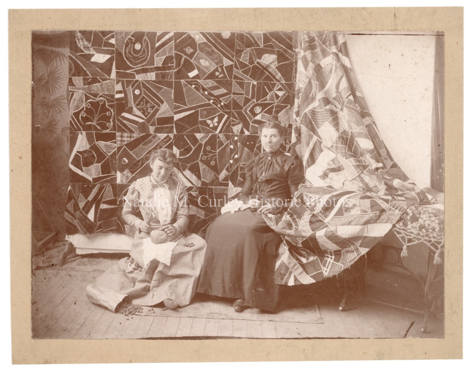1890s Women w/ Folk Art Crazy Quilt Backdrops Studio Photo 1890s Women w/ Folk Art Crazy Quilt Backdrops Studio Photo
