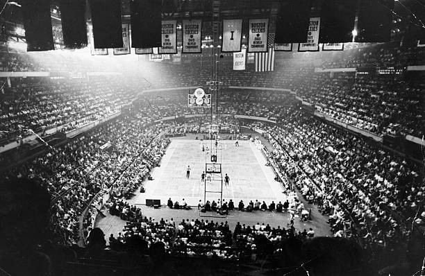 Championship banners hang rafter Boston Garden at a playoff g- Boston Old Photo
