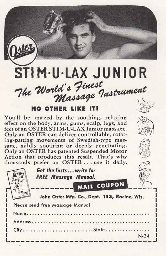 1949 Oster: Stim U Lax Junior Vintage Print Ad 1949 Oster: Stim U Lax Junior Vintage Print Ad