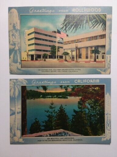 Postcard (2): Lake Arrowhead & Station KNX Greetings From Hollywood California 