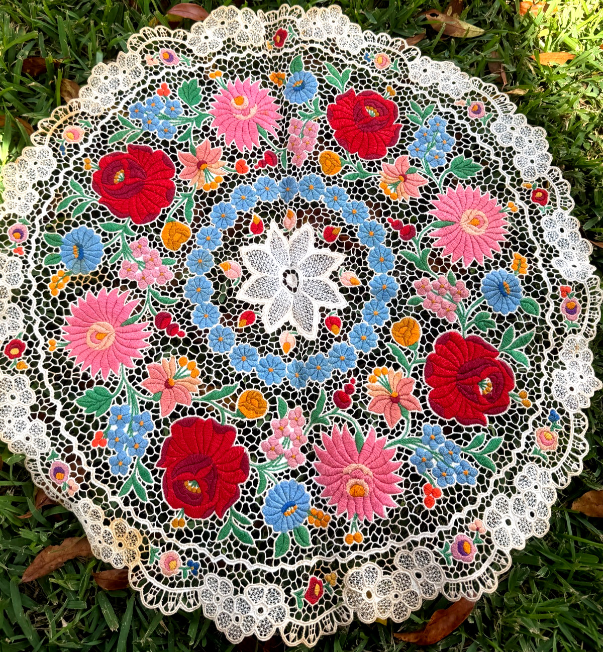 Vintage Hungarian Kalocsa Hand Embroidered Floral Lace Doily Gorgeous