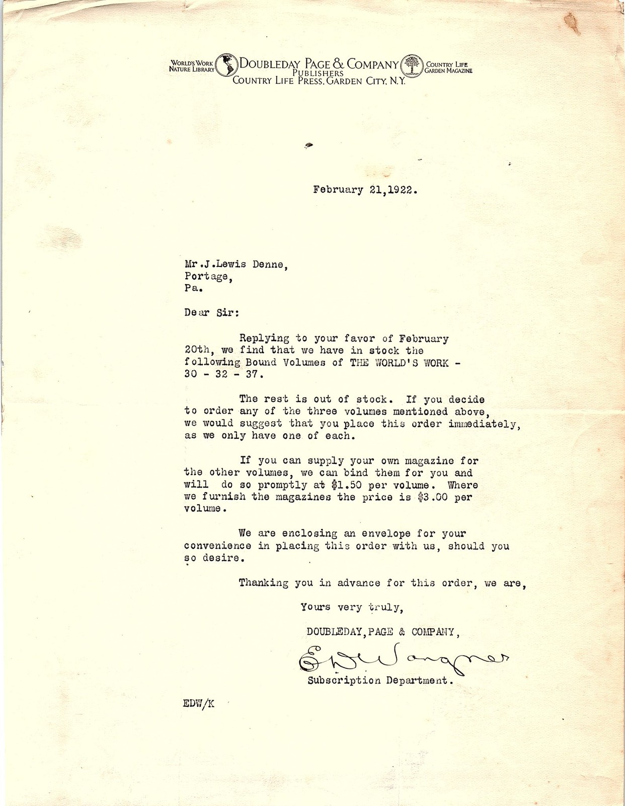 1922 Doubleday, Page & Co. letter about book order 1922 Doubleday, Page & Co. letter about book order