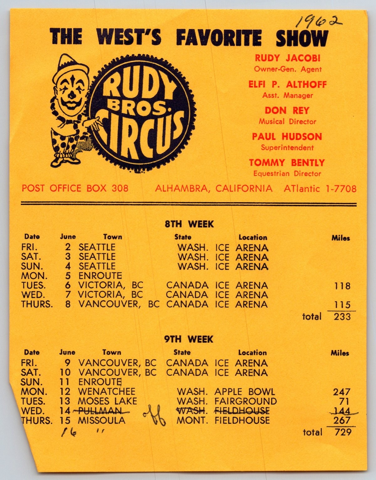 Rudy Bros. Circus 1962 Route Card 8th & 9th Week Schedule