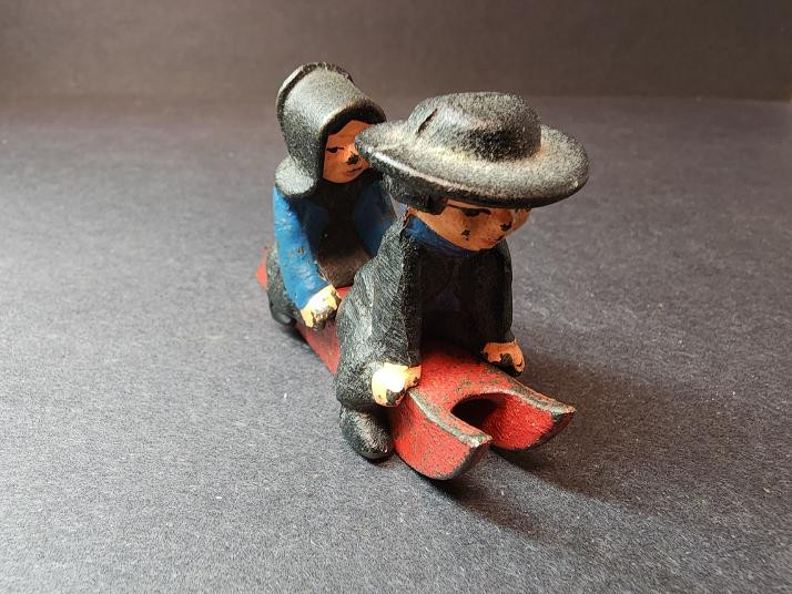Vintage Wilton Amish Boy Girl Red Sled Cast Iron Miniature Folk Art WQ18