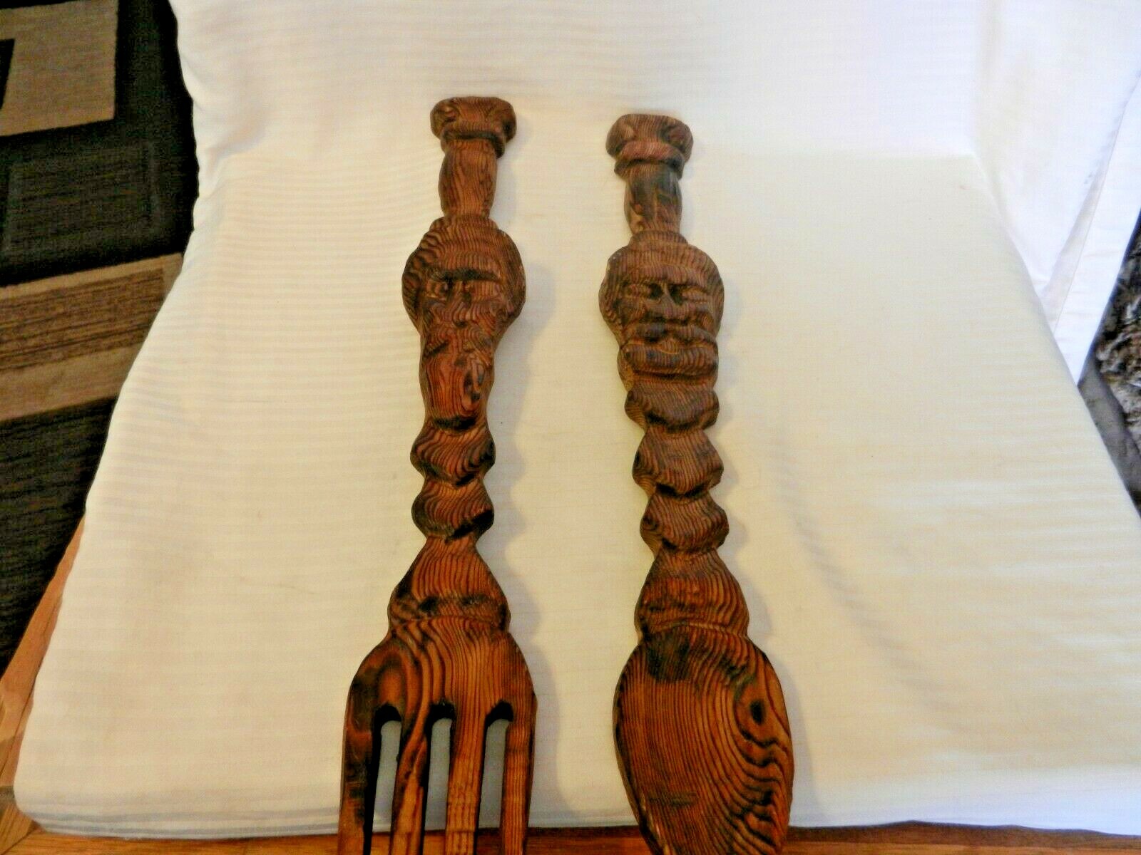 Vintage Brown Carved Wooden Fork and Spoon Wall Art With Carved Faces