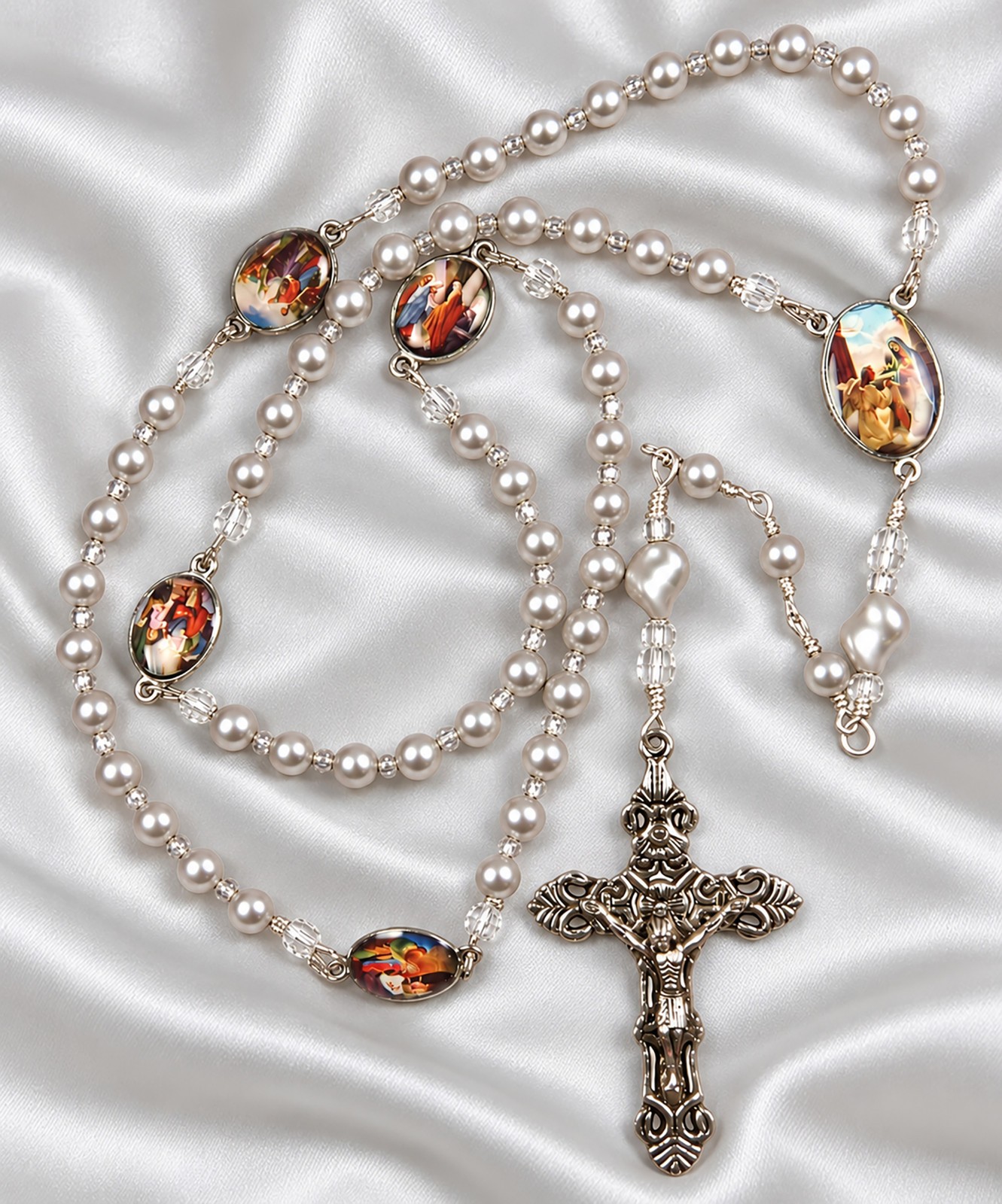 Handmade Catholic Rosary, Silver Shell Pearls, Medals made in Italy Handmade Catholic Rosary, Silver Shell Pearls, Medals made in Italy