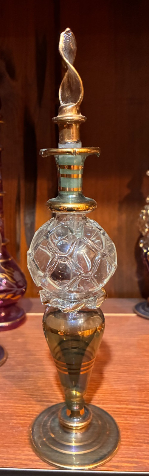 VTG Hand Blown Engraved Beautiful Islamic Gold Glass Perfume Bottle w/ Stopper VTG Hand Blown Engraved Beautiful Islamic Gold Glass Perfume Bottle w/ Stopper