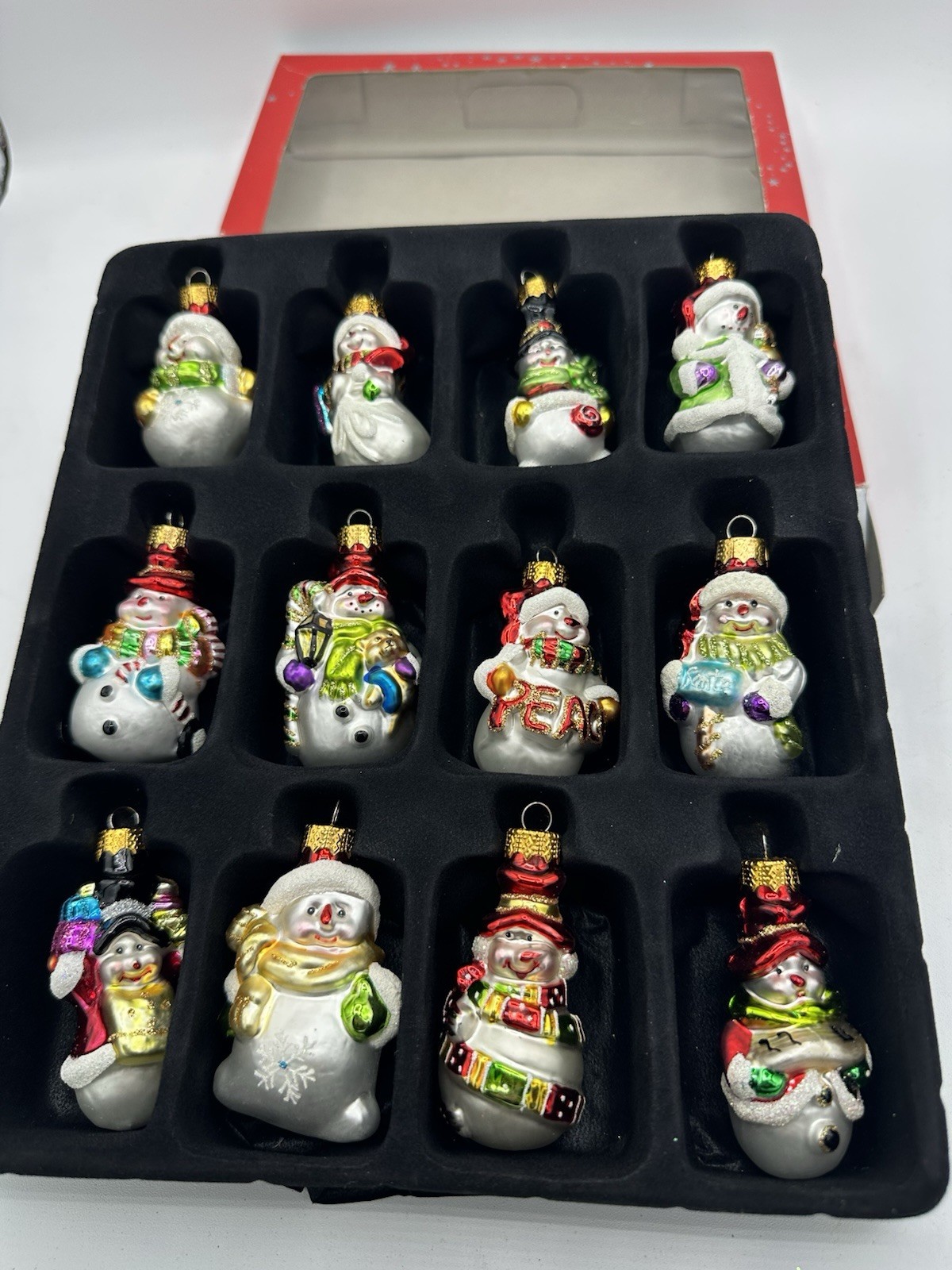 Macy’s Christmas Snowman 12 Blown Glass Ornaments 2.25 inches Tall Hand painted