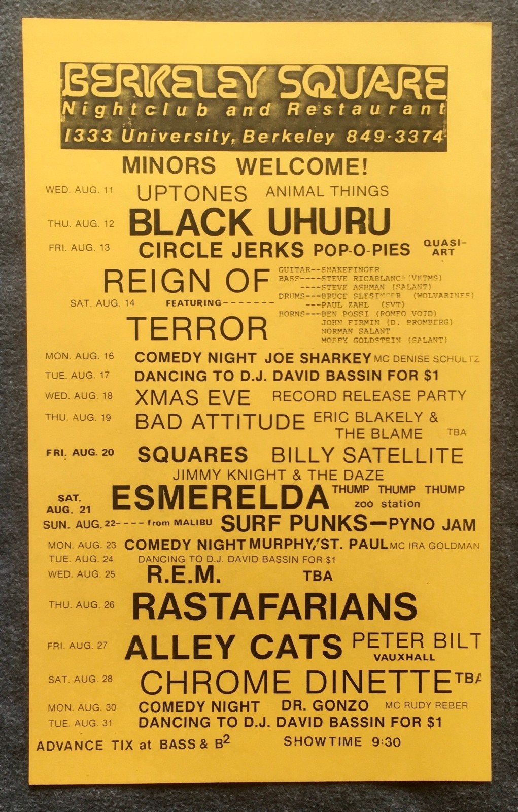 1982 Flyer Berkeley Square Schedule Circle Jerks REM Surf Punks Black Uhuru