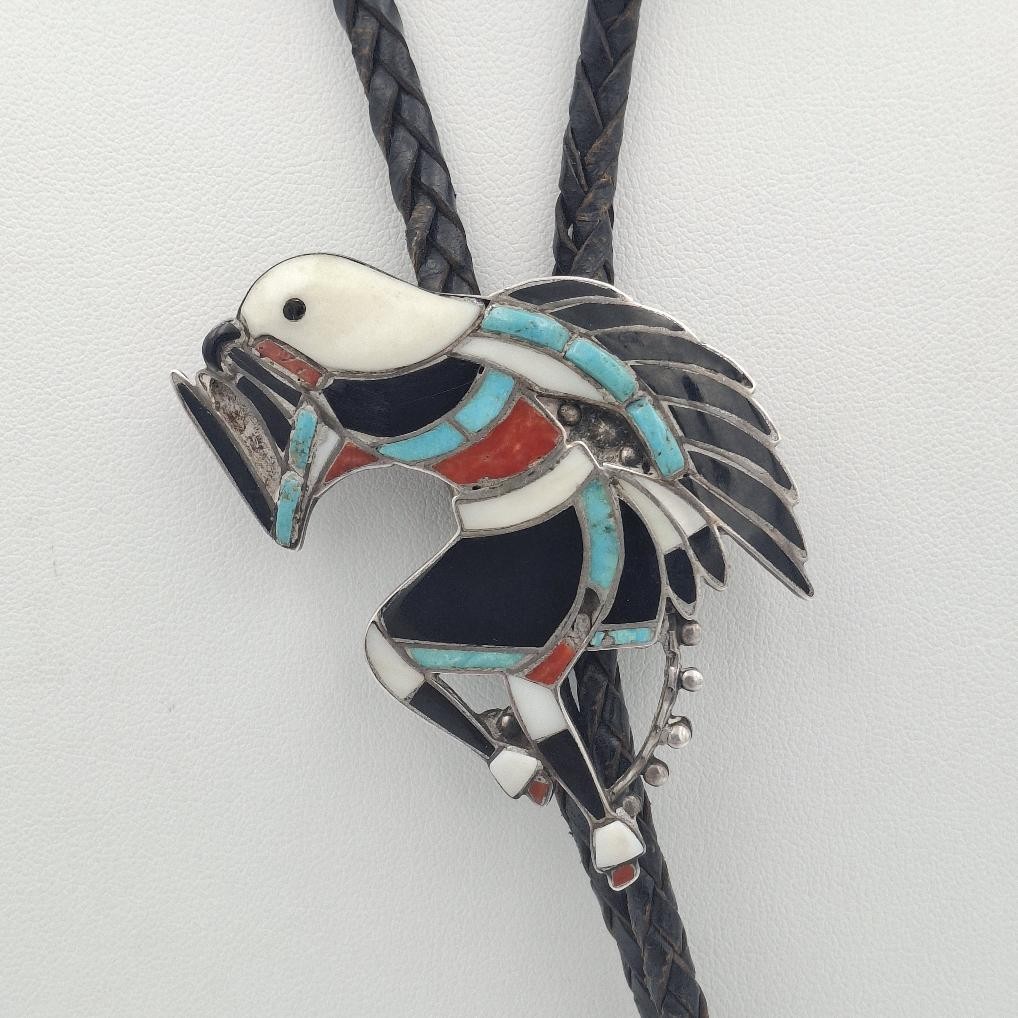 Vintage John Lucio 925 Sterling Silver Zuni Pueblo Eagle Dancer Inlay Bolo Tie