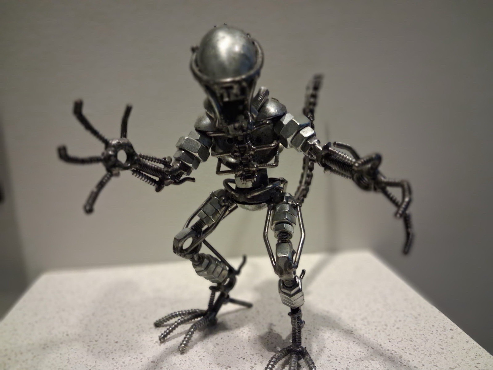 Handcrafted Metal Xenomorph Statue Recycled Steel Alien Sculpture Industrial Art