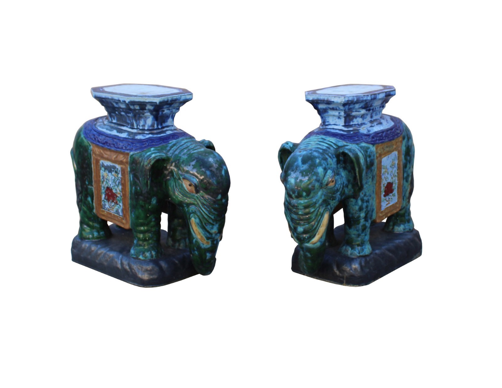 Pair Ceramic Handmade Chinese Green Blue Oriental Elephant Figures cs3622