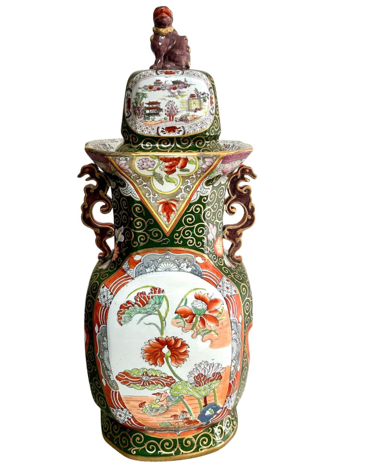 Early 19th Century Ironstone Muscovy Duck & Canton Alcove Vase & Cover