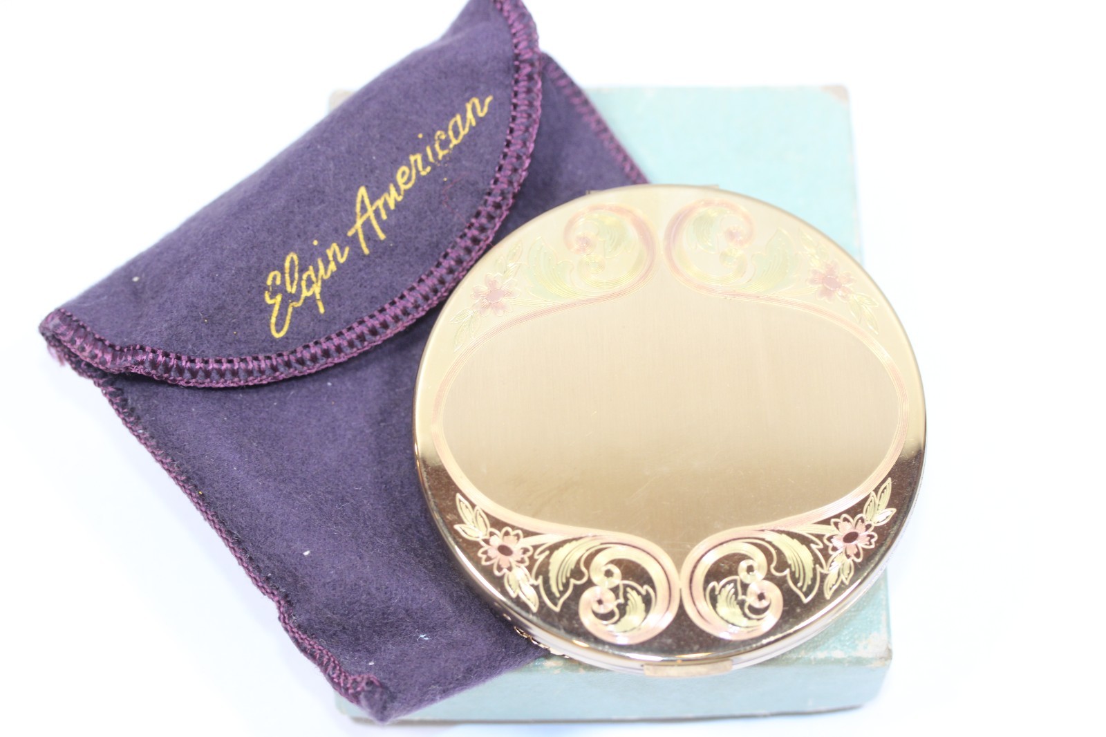 Vintage ELGIN AMERICAN Box Mirror, Compact Case Gold Toned Floral Etched #499 Vintage ELGIN AMERICAN Box Mirror, Compact Case Gold Toned Floral Etched #499