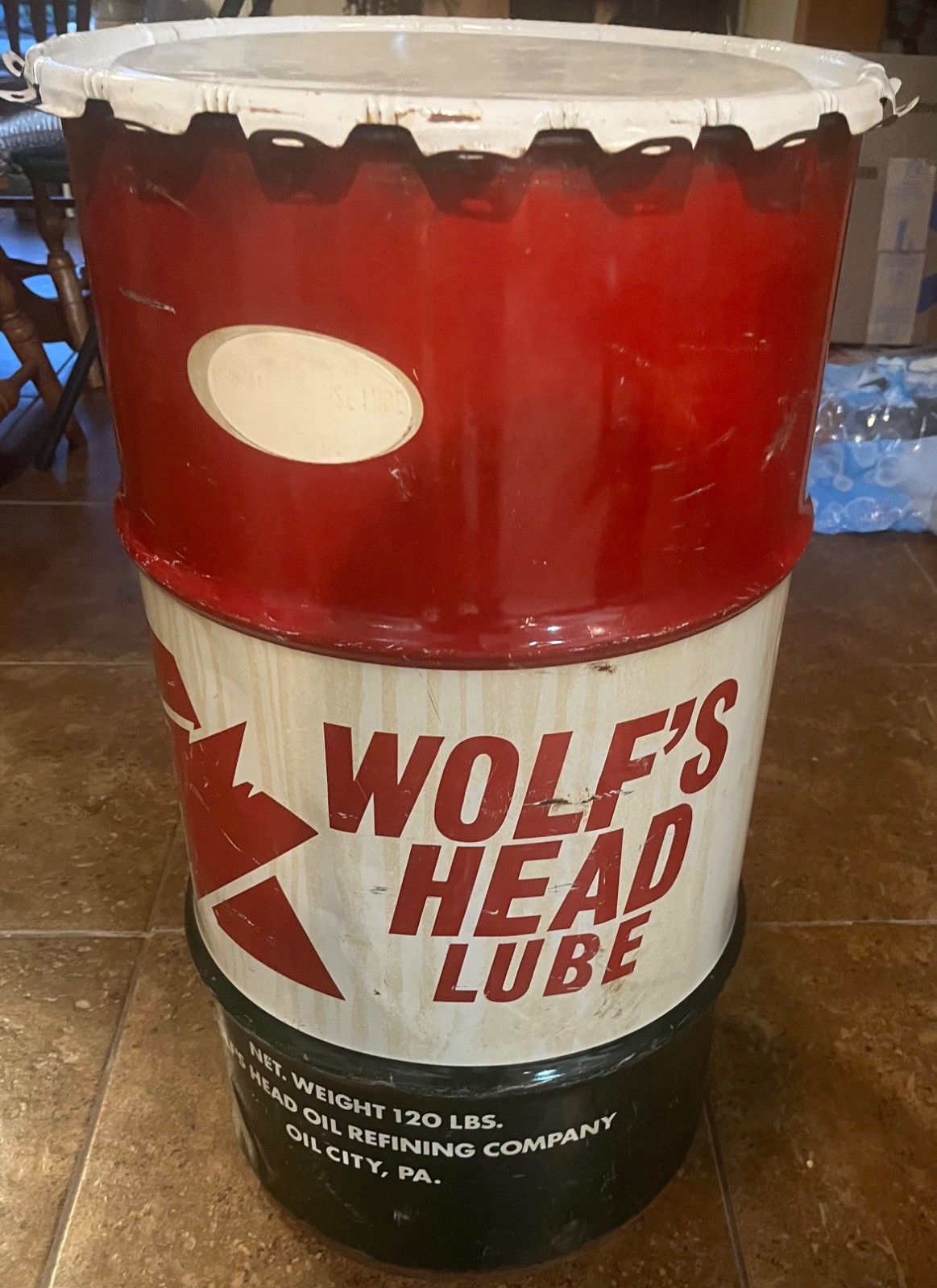 Vintage Wolf’s Head Steel Oil Drum Industrial gas station Shop Garage Barrel