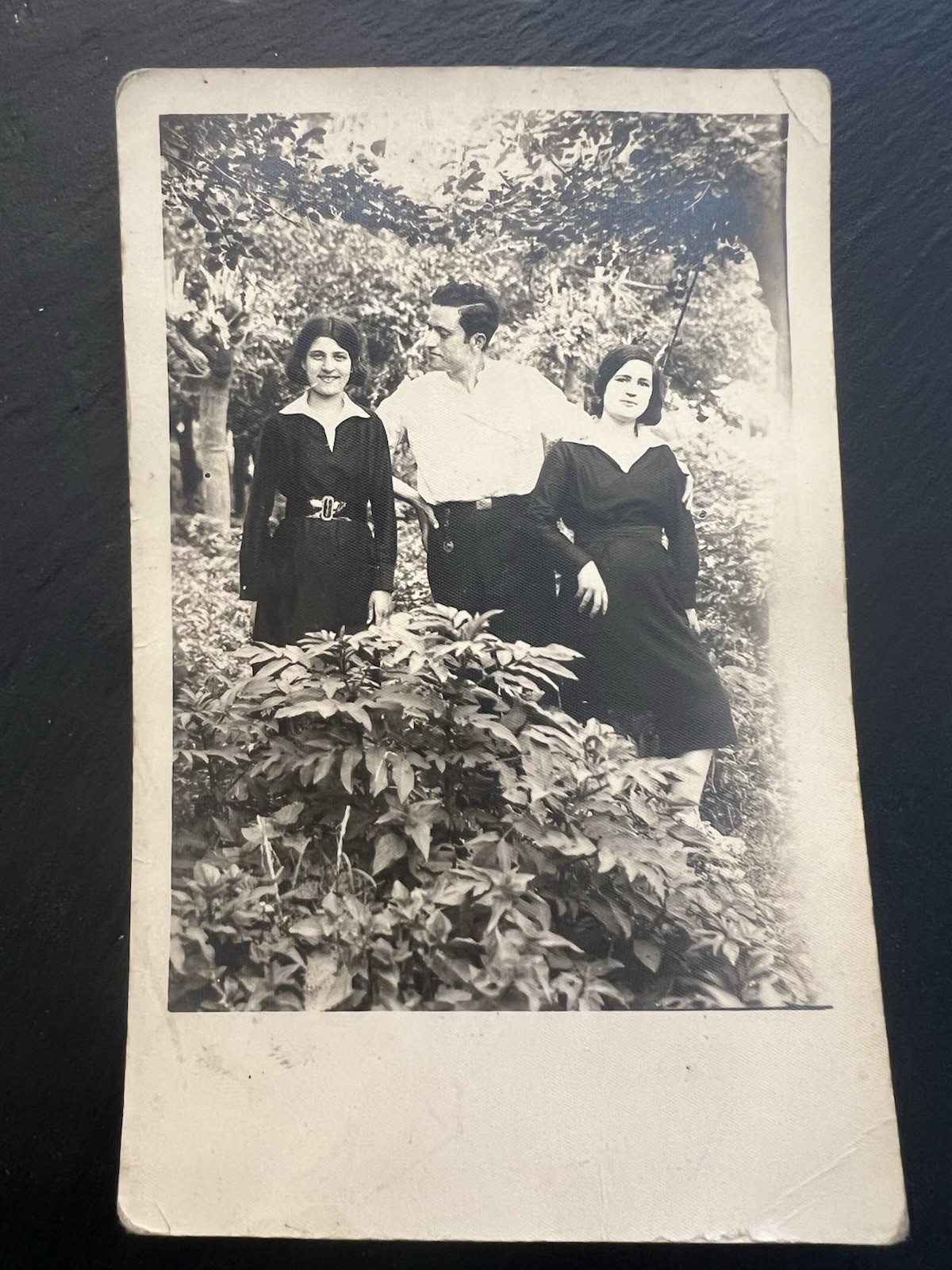 1920s Antique RPPC Postcard Family Garden Group Portrait Trio 