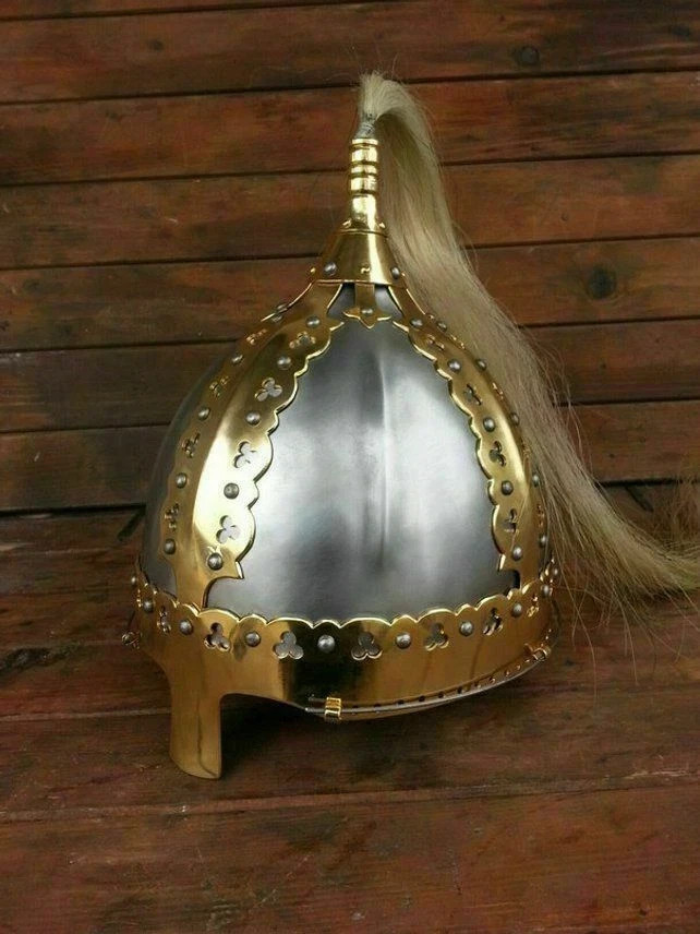 Handcrafted Medieval Slavic Spangenhelm Helmet Solid Steel & Brass With Plume Handcrafted Medieval Slavic Spangenhelm Helmet Solid Steel & Brass With Plume