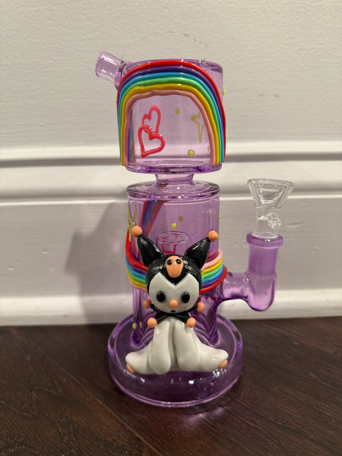 7” Premium Glass Water Pipe Art Devil Hello Kitty Rainbow Glow in Dark 14mm