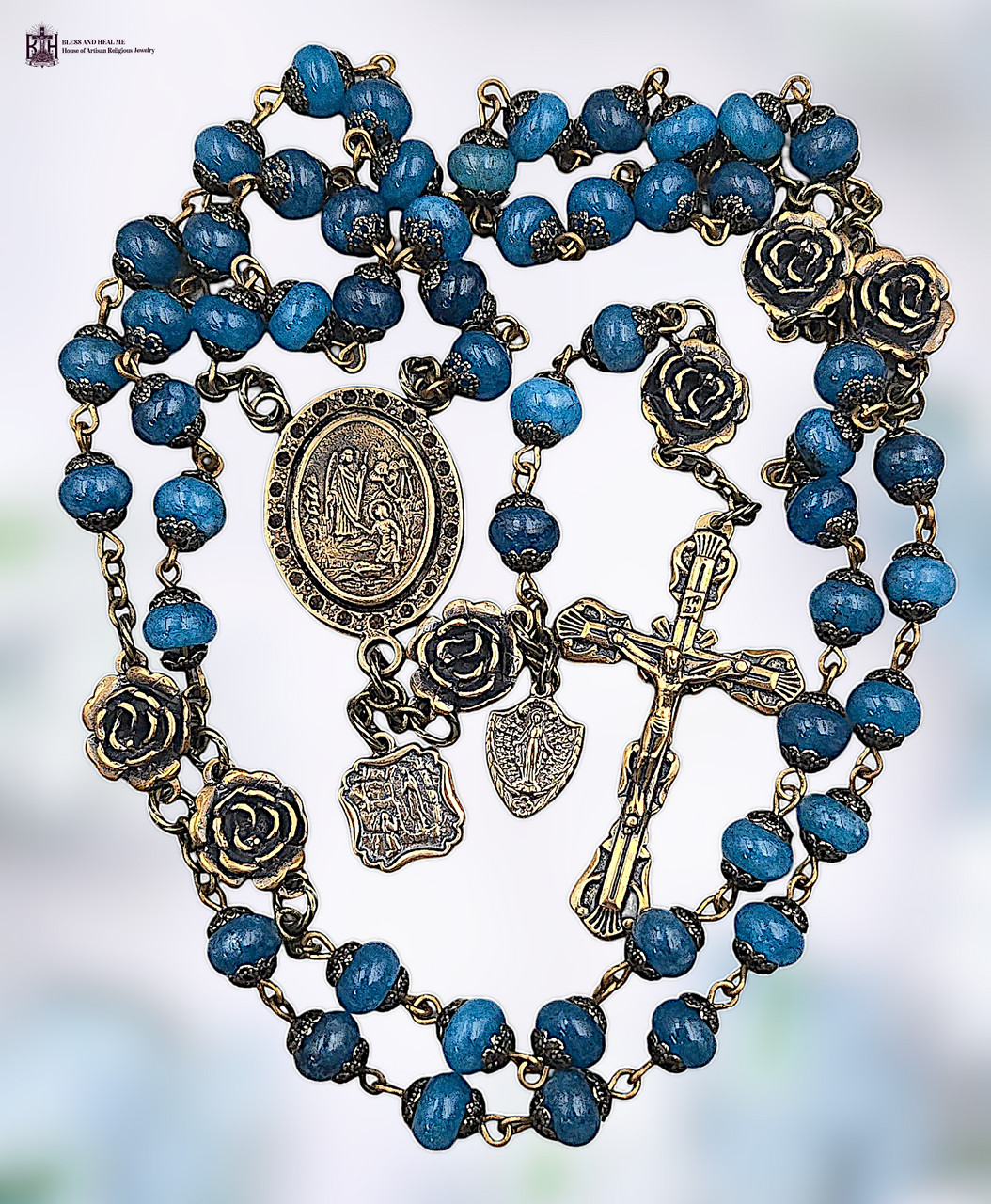 Healing Saints Archangel Raphael, Lourdes Rosary- Bronze Heirloom, Blue Jade