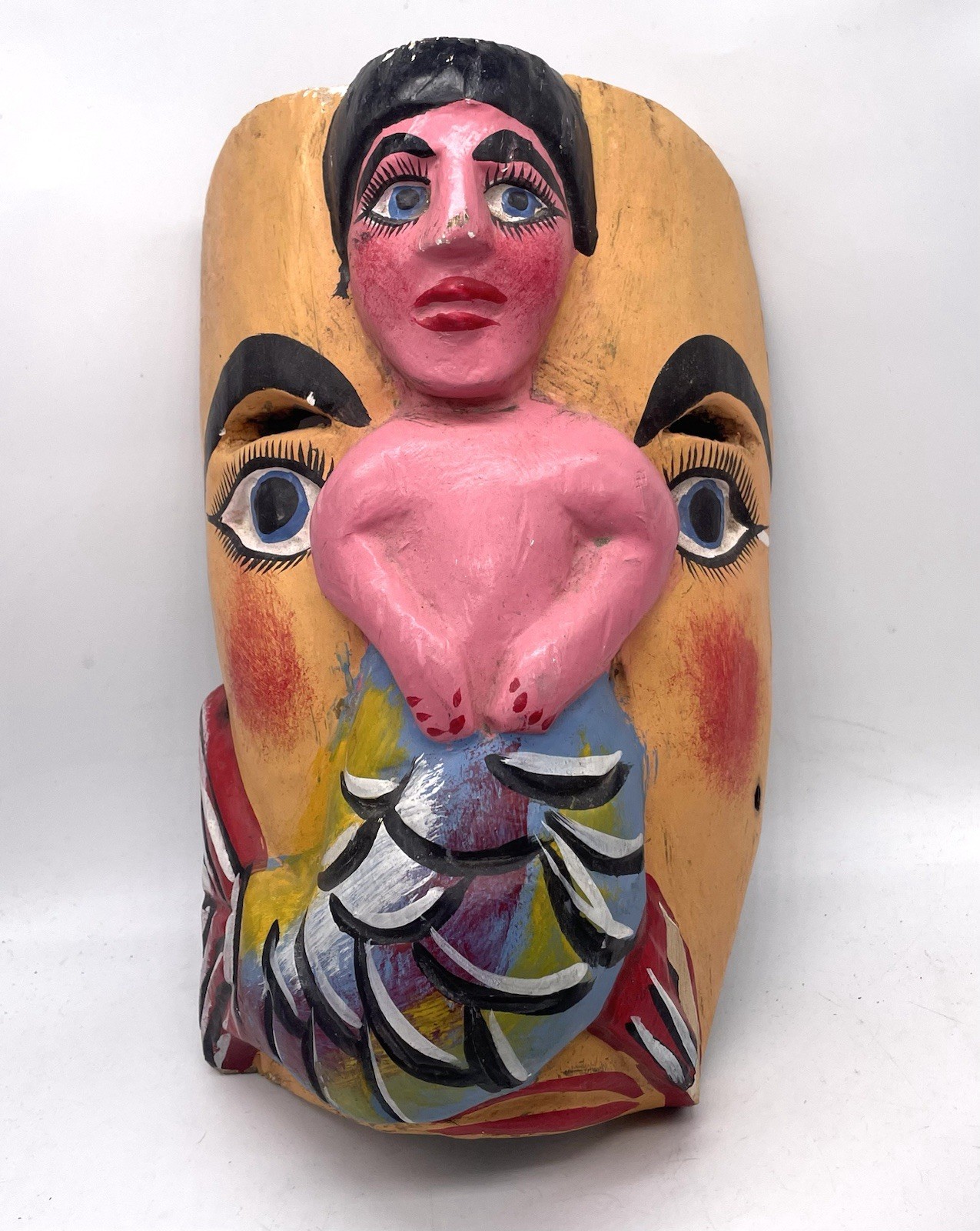 Vintage Guerrero Mexican Nahua Wood FOLK ART MASK - Mermaid Carved Hand Painted