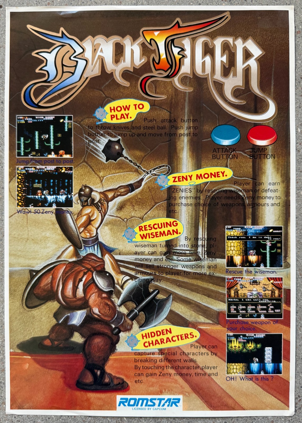 Black Tiger Original Arcade Flyer | 1987 Capcom Romstar | Very Good Condition