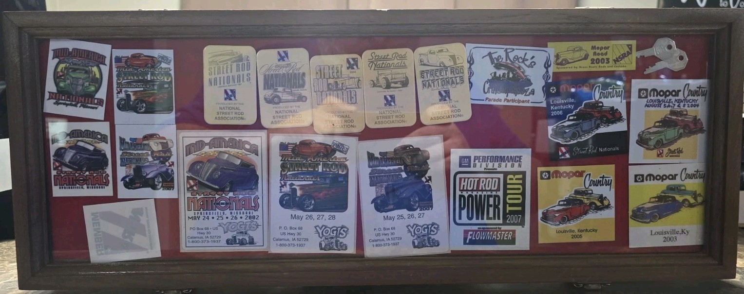 NSRA Street Rod Nationals Gold Dash Plaque's and authentic decals in display NSRA Street Rod Nationals Gold Dash Plaque's and authentic decals in display