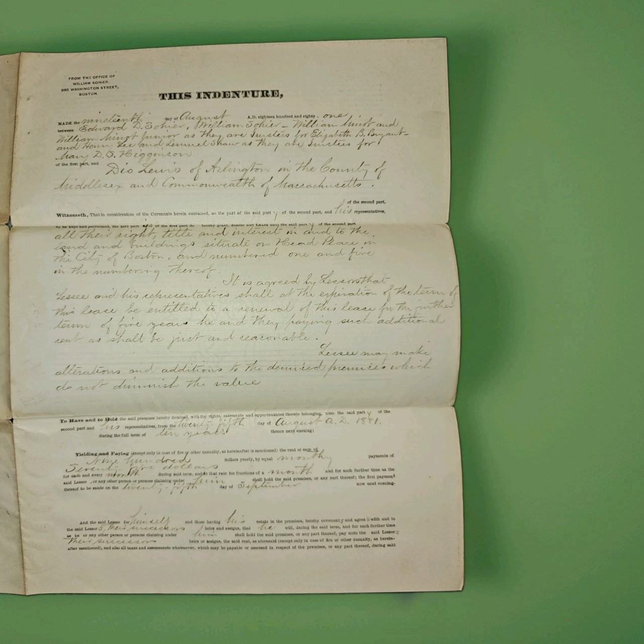 1881 Dio Lewis Lease Indenture Signed w/ 7 Seals Boston Sohier Trustees