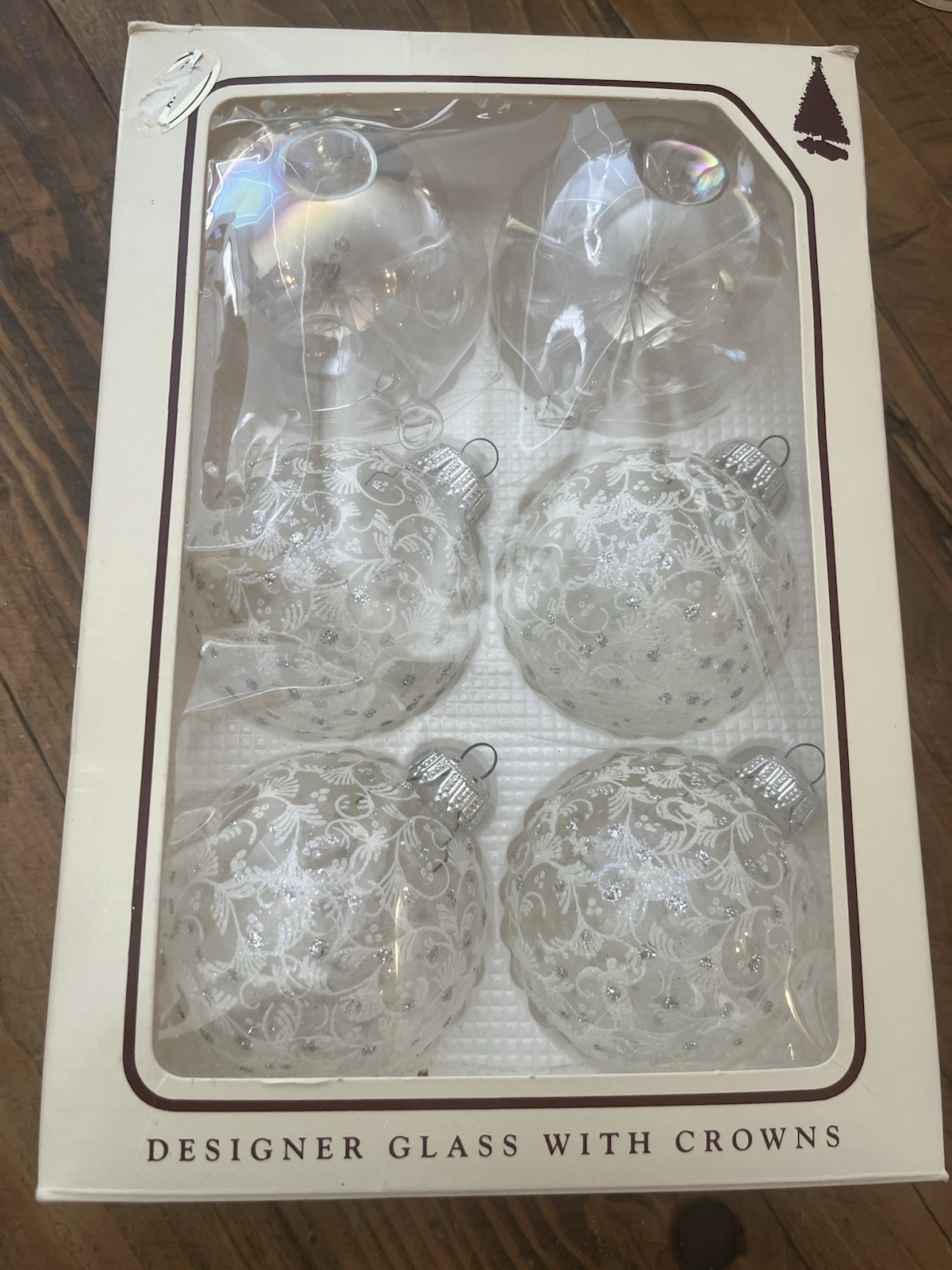 Vintage Christmas by Krebs Glass Ornaments 6pc White Floral Silver Glitter READ Vintage Christmas by Krebs Glass Ornaments 6pc White Floral Silver Glitter READ