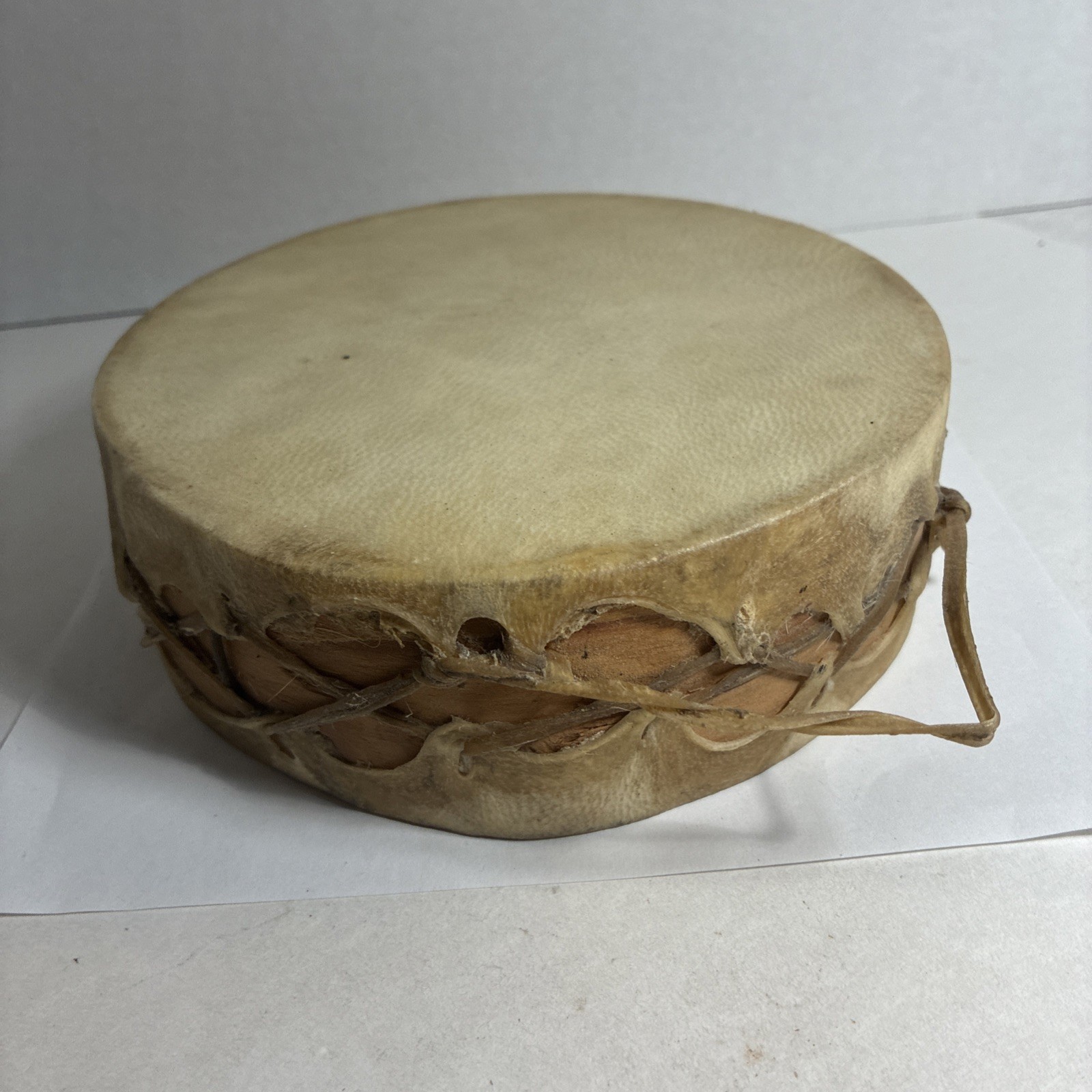 VINTAGE HANDMADE RAWHIDE HEADS LACING & WOOD FRAME DRUM