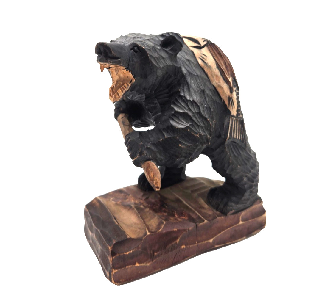 Japanese Ainu Carved Wooden Bear with Fish 6\