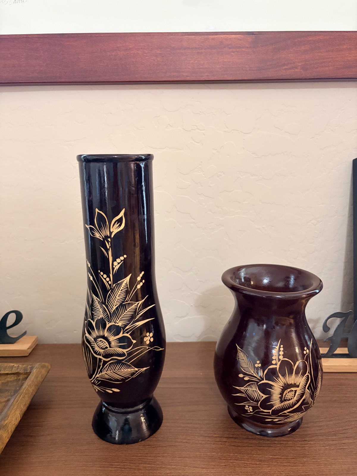 Vintage Hand Carved Wood Vase Set Pair 12\