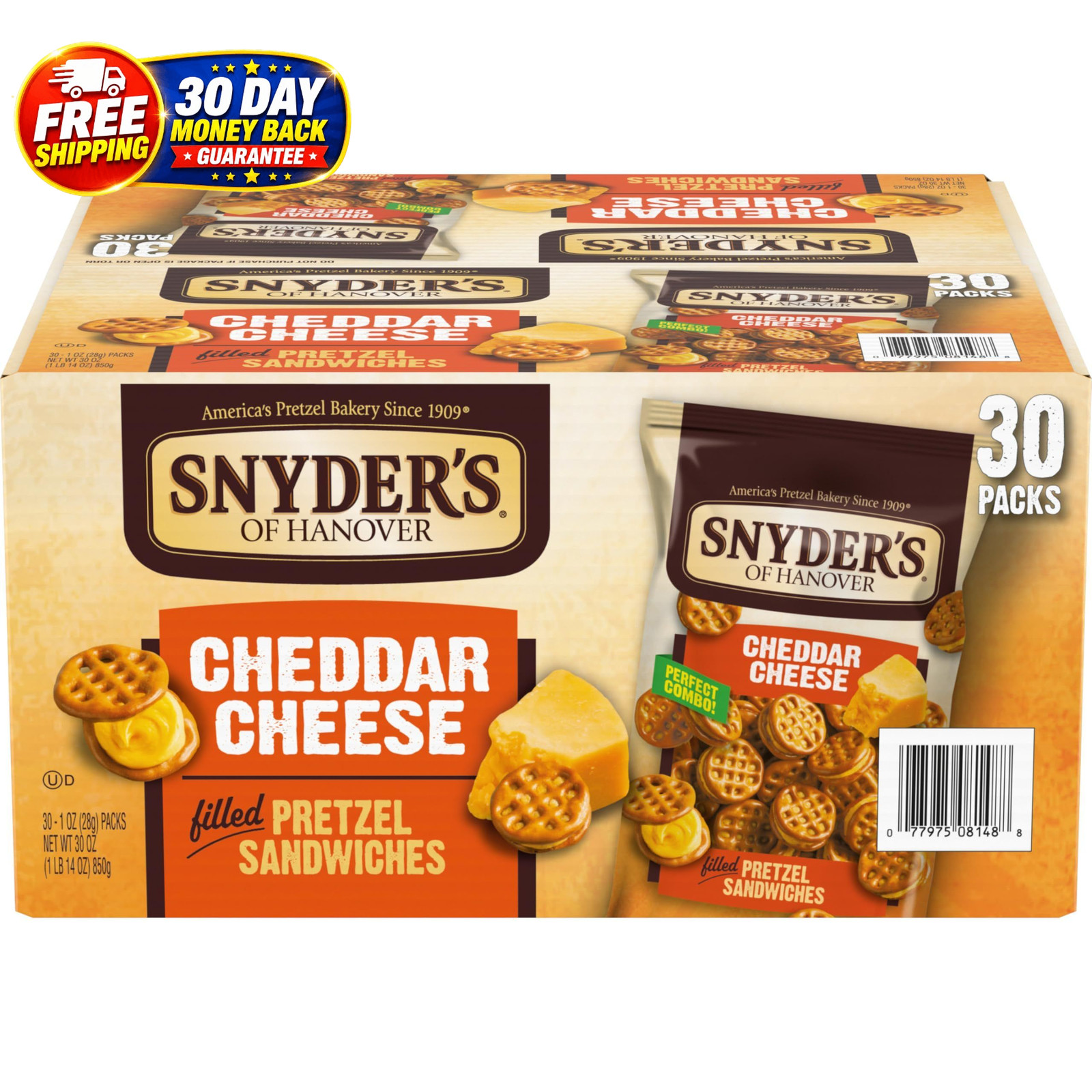 Cheddar Cheese Pretzel Sandwiches Snack Packs, 30 Count for Perfect Snacking Cheddar Cheese Pretzel Sandwiches Snack Packs, 30 Count for Perfect Snacking