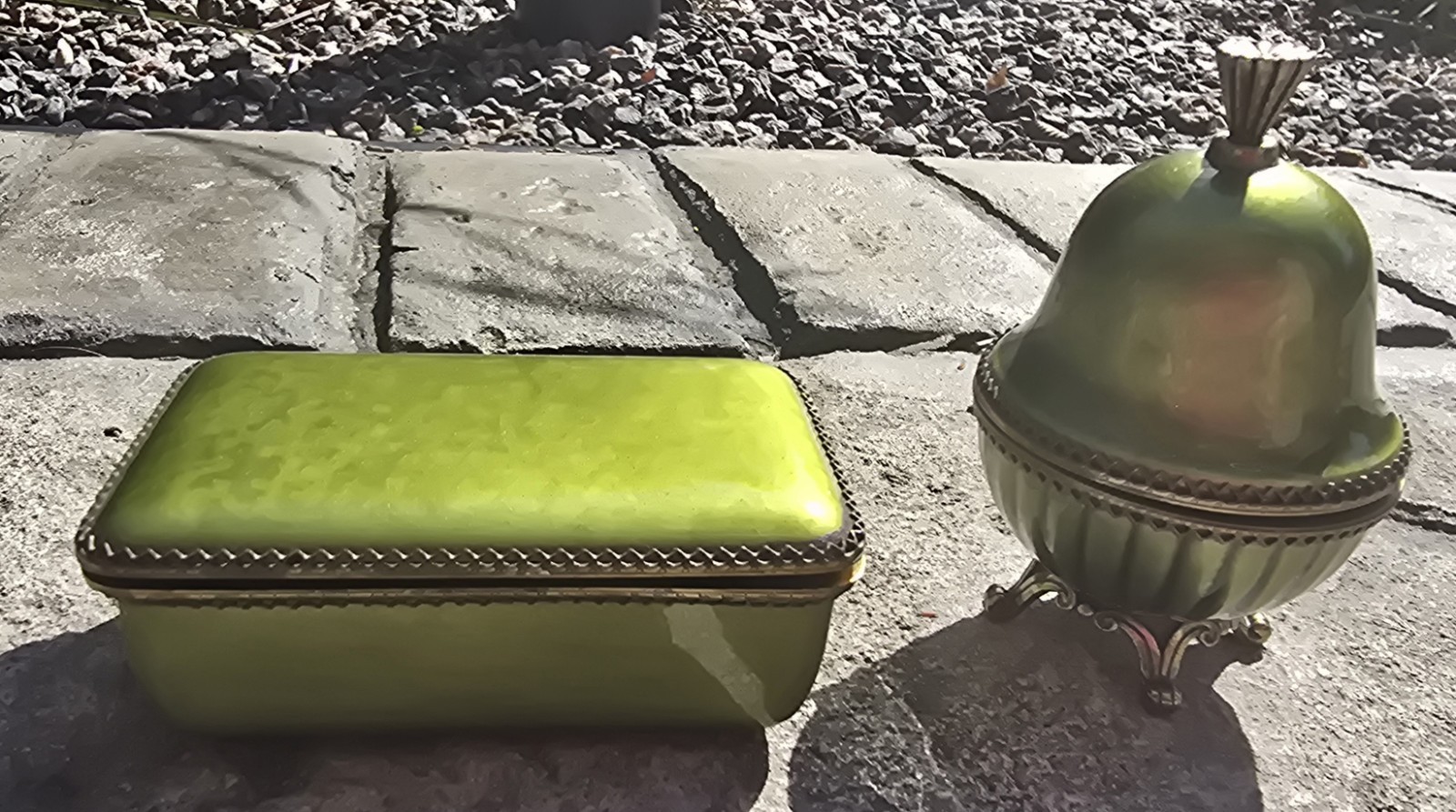 Vintage Evans Green Pear Lighter & Matching Trinket / Cigarette Box Set Mid...