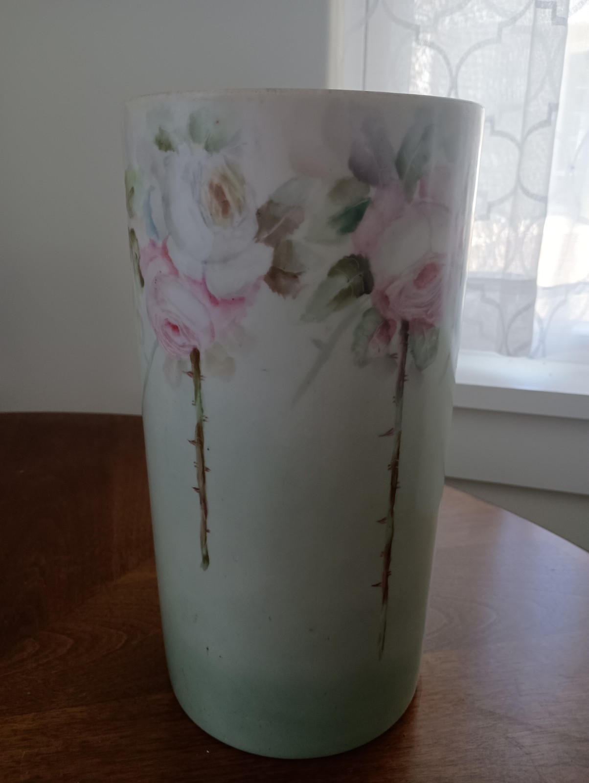 Antique Limoges Tall Victorian Vase, Pink & White Roses, Signed By Artist, 10\ Antique Limoges Tall Victorian Vase, Pink & White Roses, Signed By Artist, 10\