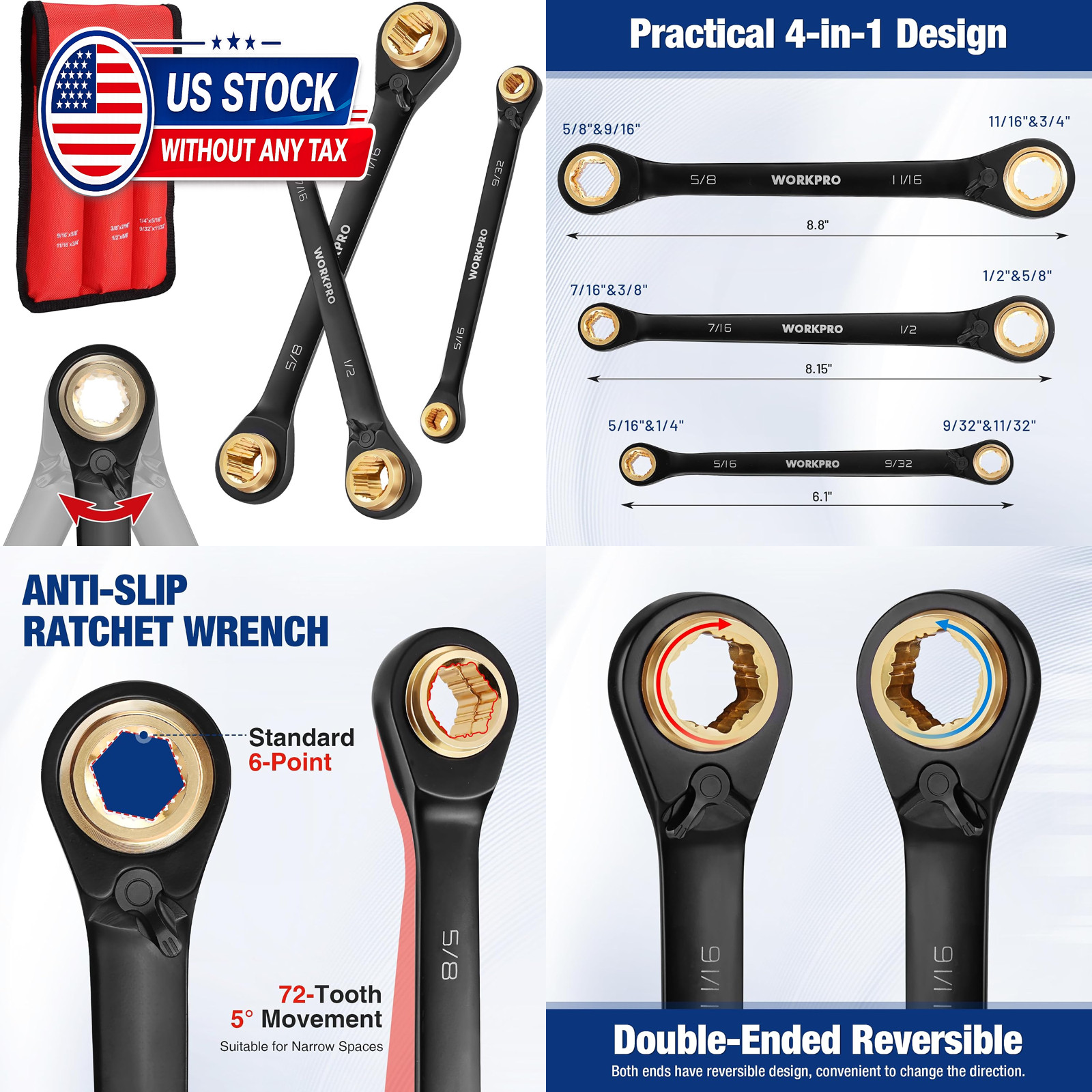 3 PCS 4-in-1 Reversible Ratcheting Wrench Set, SAE, Double Box End 3 PCS 4-in-1 Reversible Ratcheting Wrench Set, SAE, Double Box End