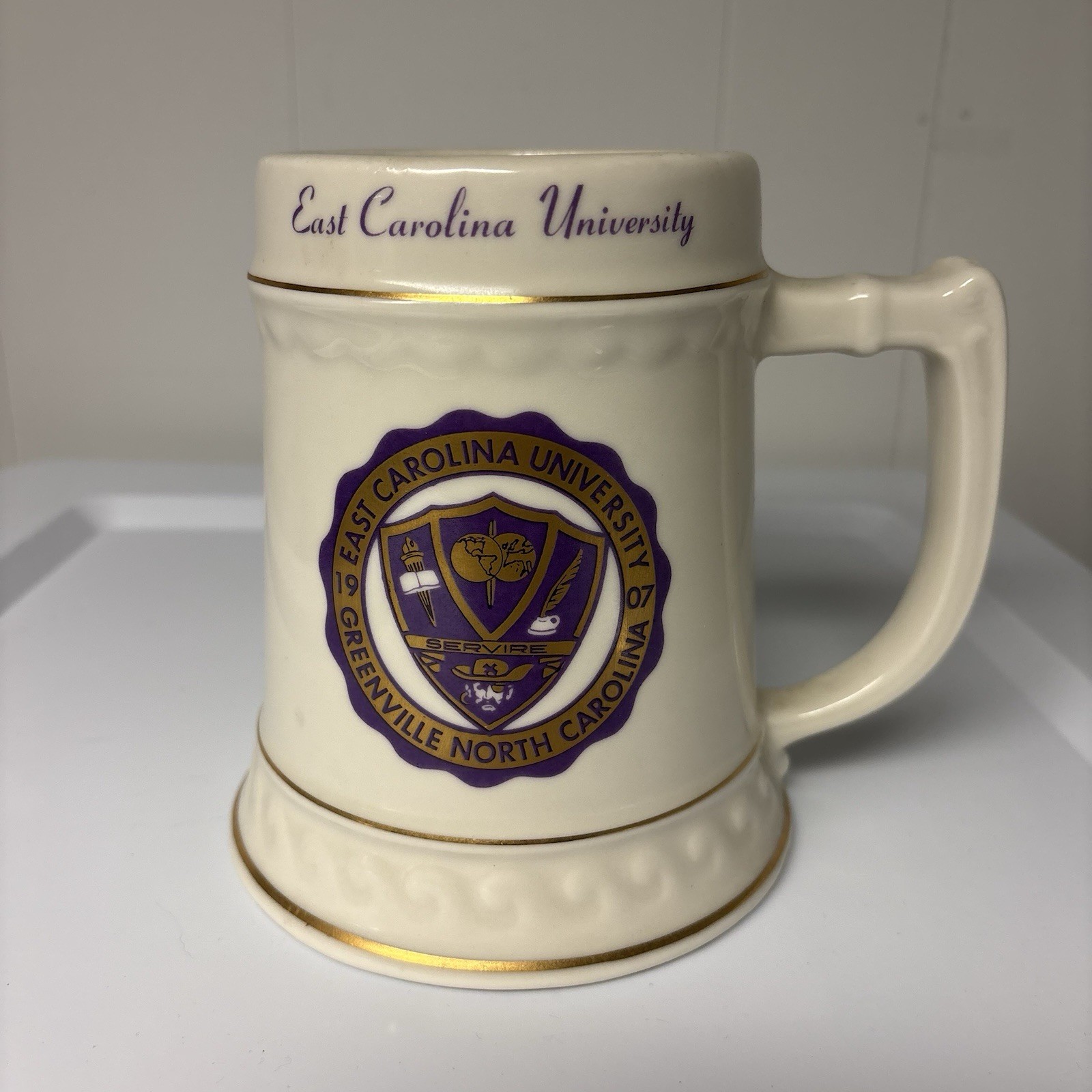 Vintage East Carolina University Ceramic Stein Mug Gold Trim Crest Greenville NC