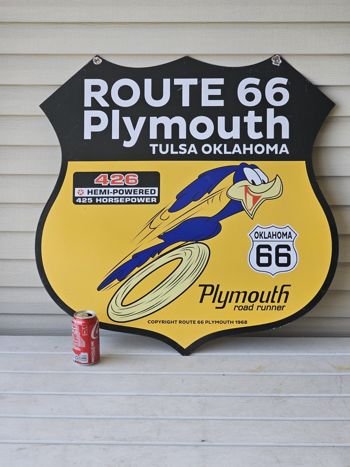 GIANT VINTAGE DOUBLE-SIDED ROUTE 66 PLYMOUTH ROAD RUNNER PORCELAIN SIGN 30 GIANT VINTAGE DOUBLE-SIDED ROUTE 66 PLYMOUTH ROAD RUNNER PORCELAIN SIGN 30