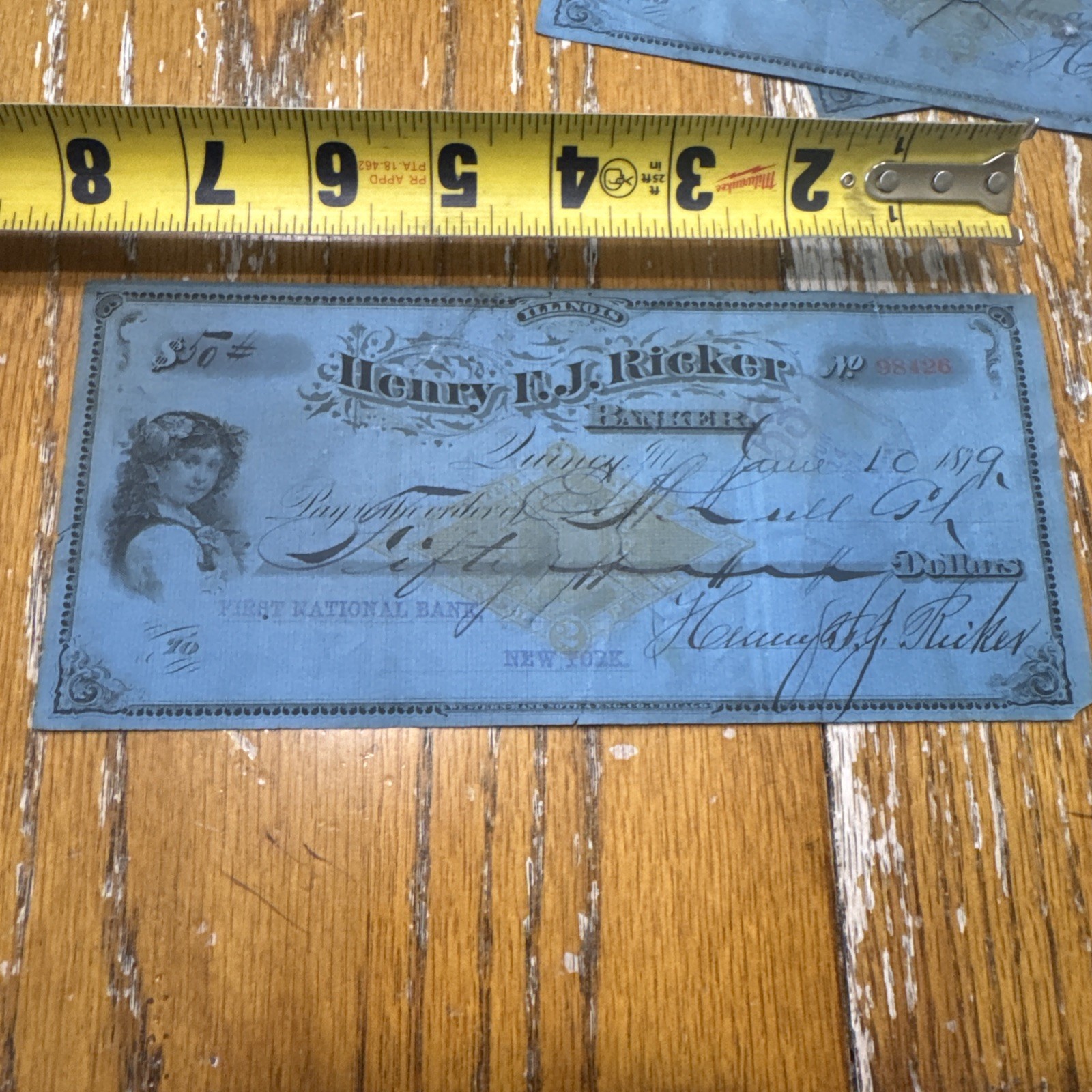 Henry Ricker Banker Quincy IL 1879 Bank Check 1 Per Order RN-G1