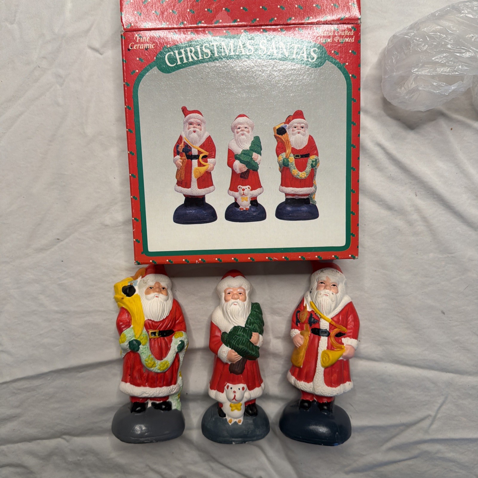 3 Piece Vintage Ceramic Santa Christmas Figurines Hand Painted, Hand Crafted#358
