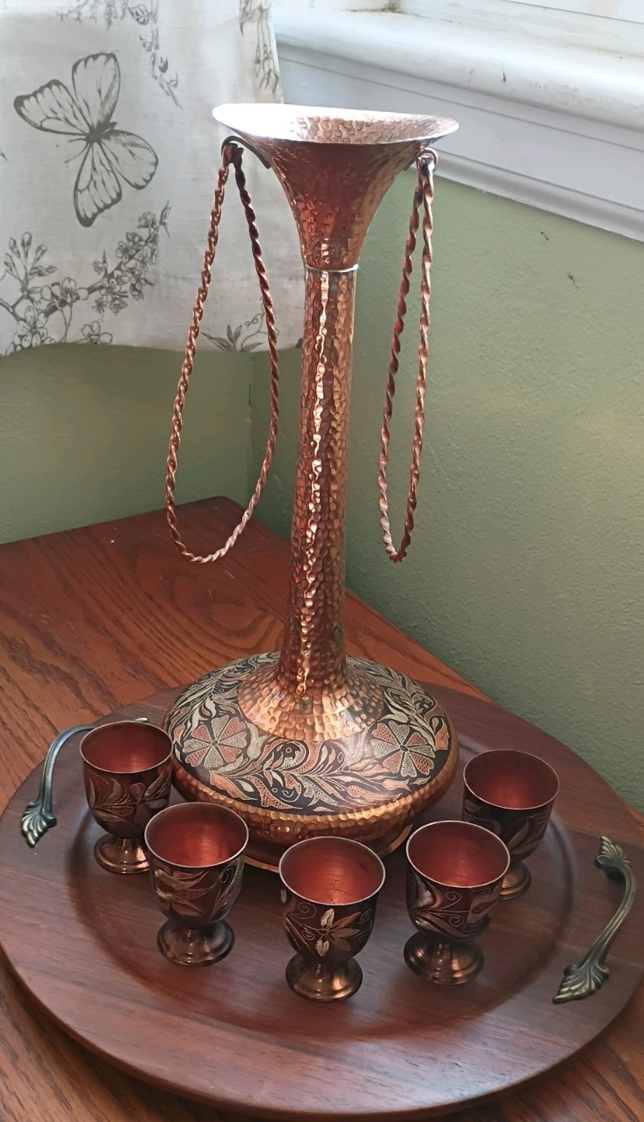 Vintage Copper Decor Lot Hammered/Etched Vase & Mini Goblets Middle Eastern