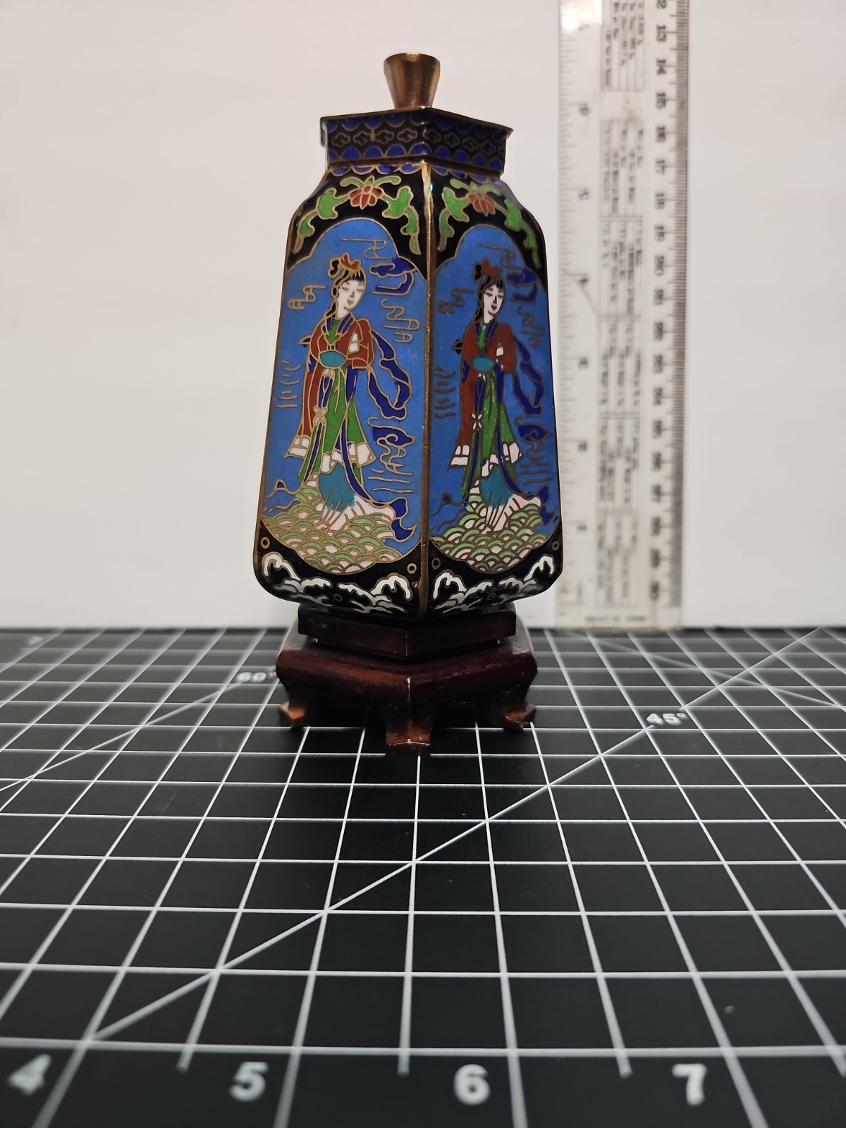 • Vintage Chinese Cloisonne Hexagonal Lidded Jar Ginger Urn Wooden Base Blue