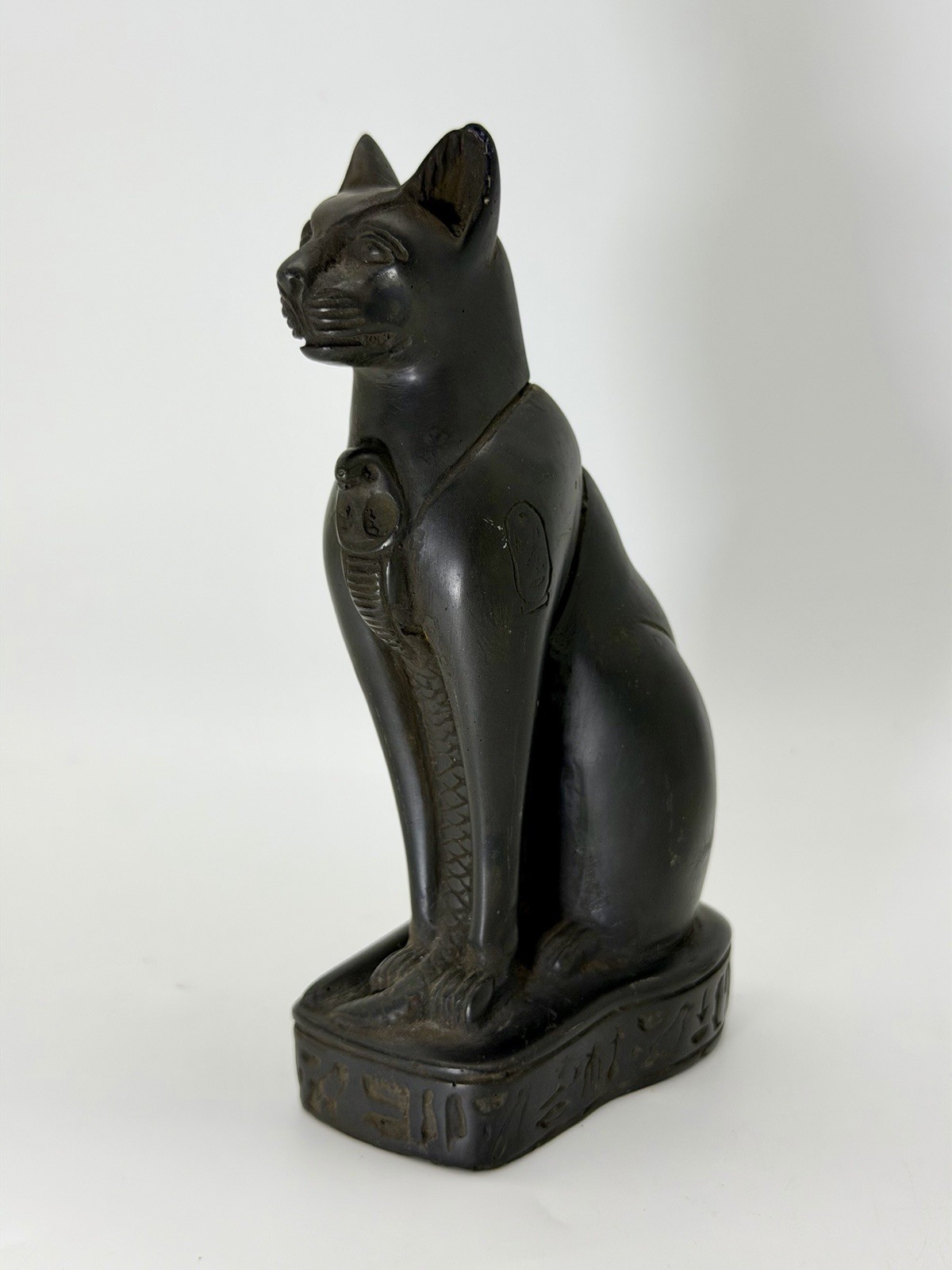 Egyptian Bastet Cat Black Stone Figurine Scarab Cartouche With Hieroglyphics 6” Egyptian Bastet Cat Black Stone Figurine Scarab Cartouche With Hieroglyphics 6”